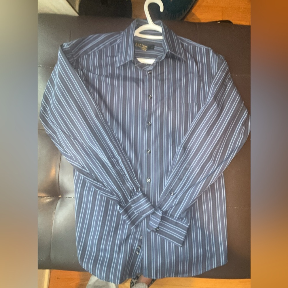 ALFRED SUNG Blue and White Striped Casual Shirt - Picture 1 of 3